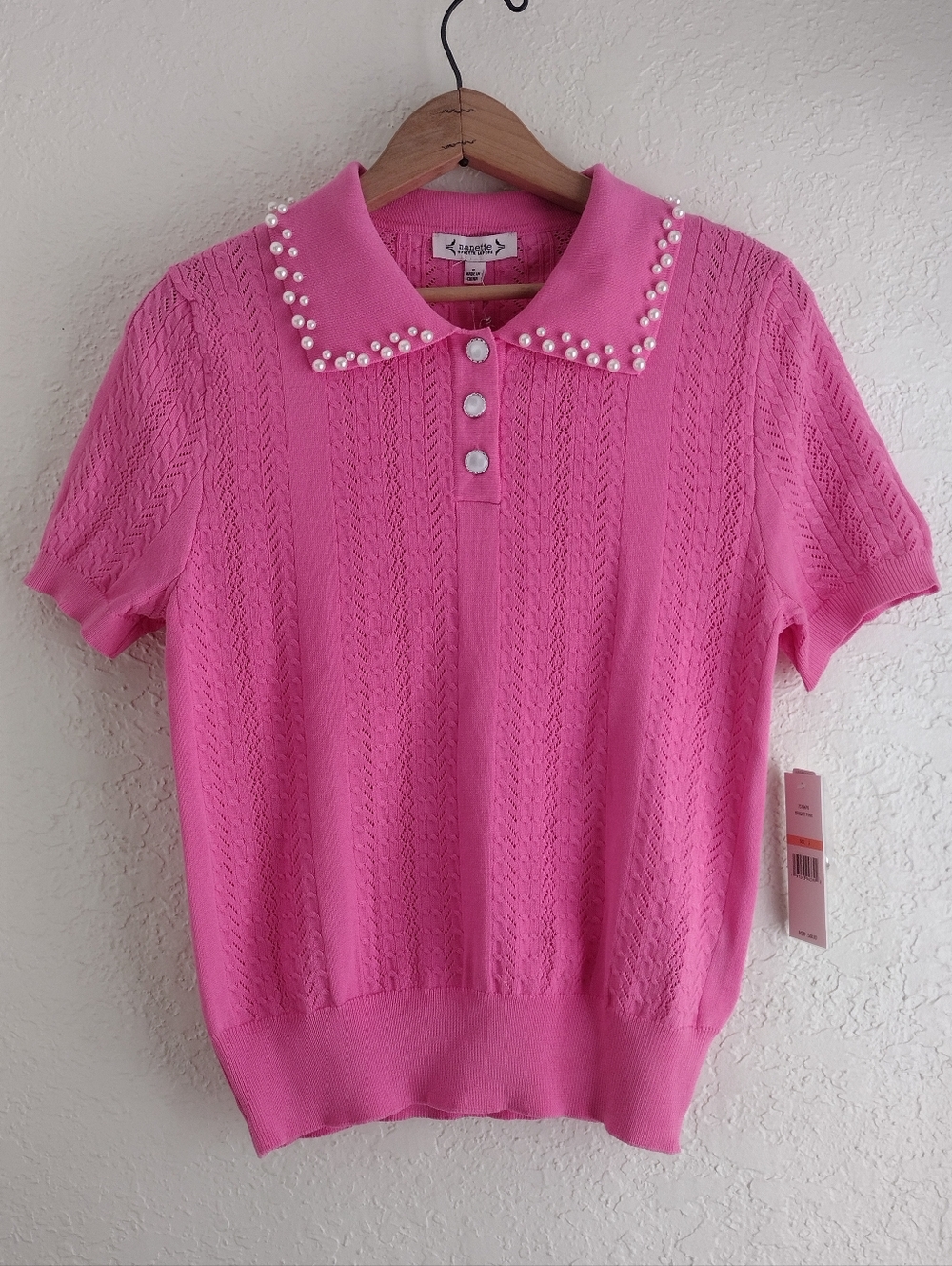 Nanette Lepore Pink Short Sleeve Pearl Collar Knit Top Sz Small, NWT